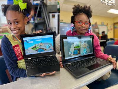 Two Perry County students show off the 3D worlds they built on the Kai XR platform(above)