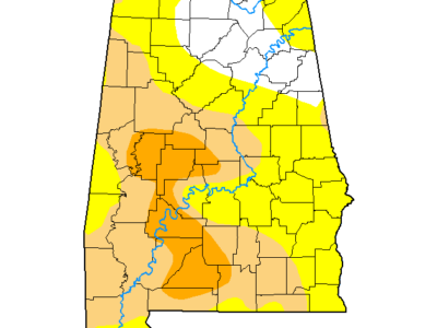 The U.S. Drought Monitor’s map of Alabama for Sept. 22, released Sept. 24. Orange is severe drought, tan moderate drought and yellow abnormally dry.(above)