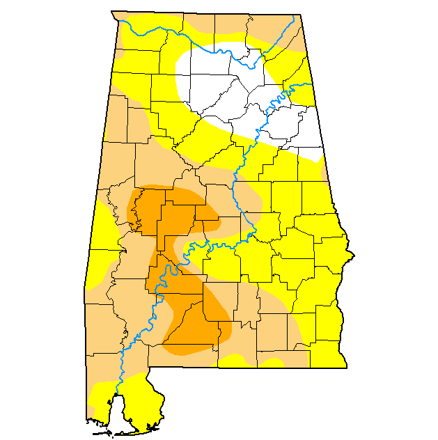 The U.S. Drought Monitor’s map of Alabama for Sept. 22, released Sept. 24. Orange is severe drought, tan moderate drought and yellow abnormally dry.(above)